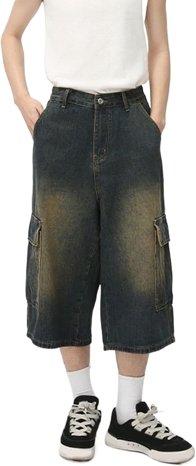 Baggy Jean Shorts for Men Vintage Loose Fit Hip Hop Denim Shorts Below Knee Short Jeans Casual Streetwear