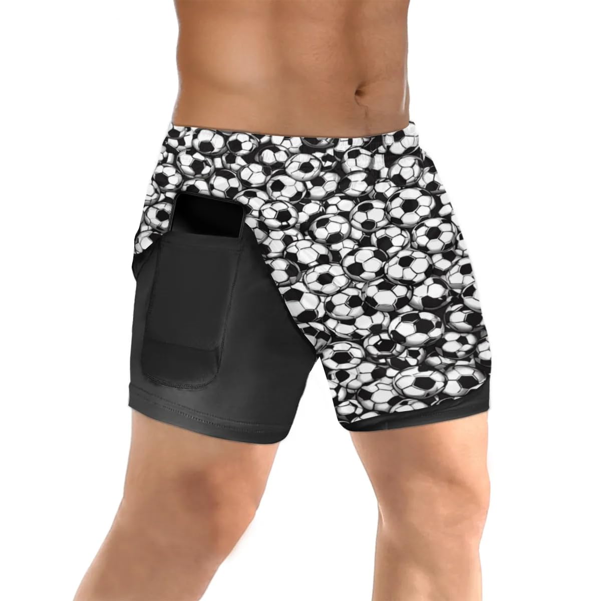Mens 2 in 1 Running Short Football Soccer Balls Gym Athletic Sport Shorts for Men with Liner Phone