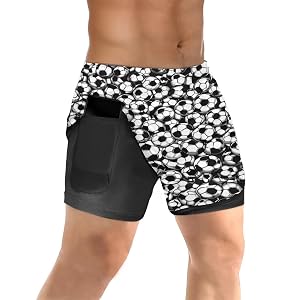 Mens 2 in 1 Running Short Football Soccer Balls Gym Athletic Sport Shorts for Men with Liner Phone