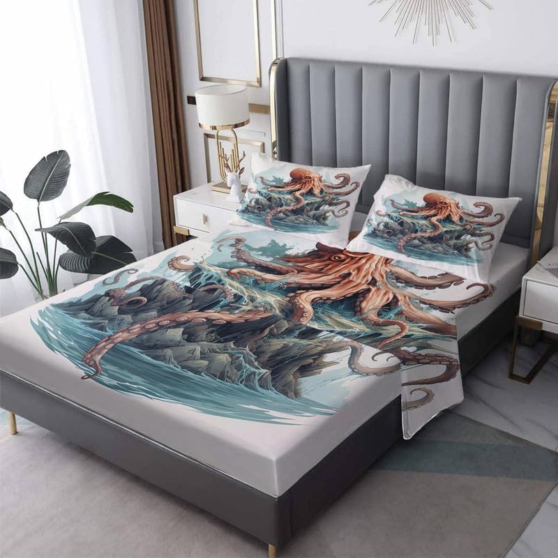 Sábanas de pulpo tamaño matrimonial  Sábanas Kraken de microfibra suave, bolsillo profundo, sábanas y fundas de almohada estampadas sin arrugas, 4