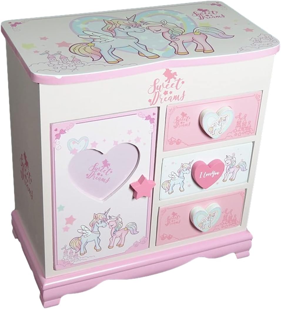 独特の上品 木製 子供用 オルゴール付 アクセサリー ケース ジュエリー ボックス 女の子 鏡付き おもちゃ箱 ユニコーン アクセサリー付 Riosmauricio Com