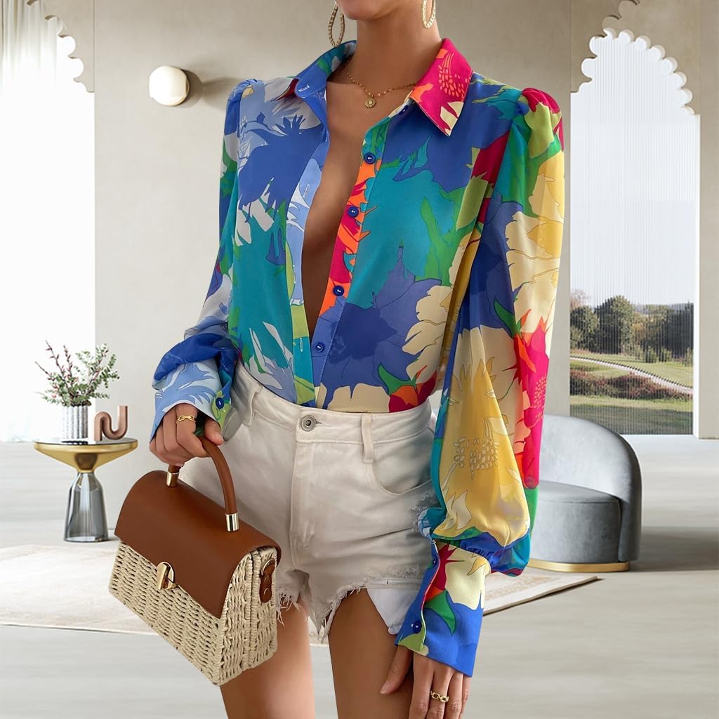 Button Down Shirts for Women Dressy Lantern Long Sleeve Blouses Printed Casual Loose Colorful Blouse Work Tops - Image 6