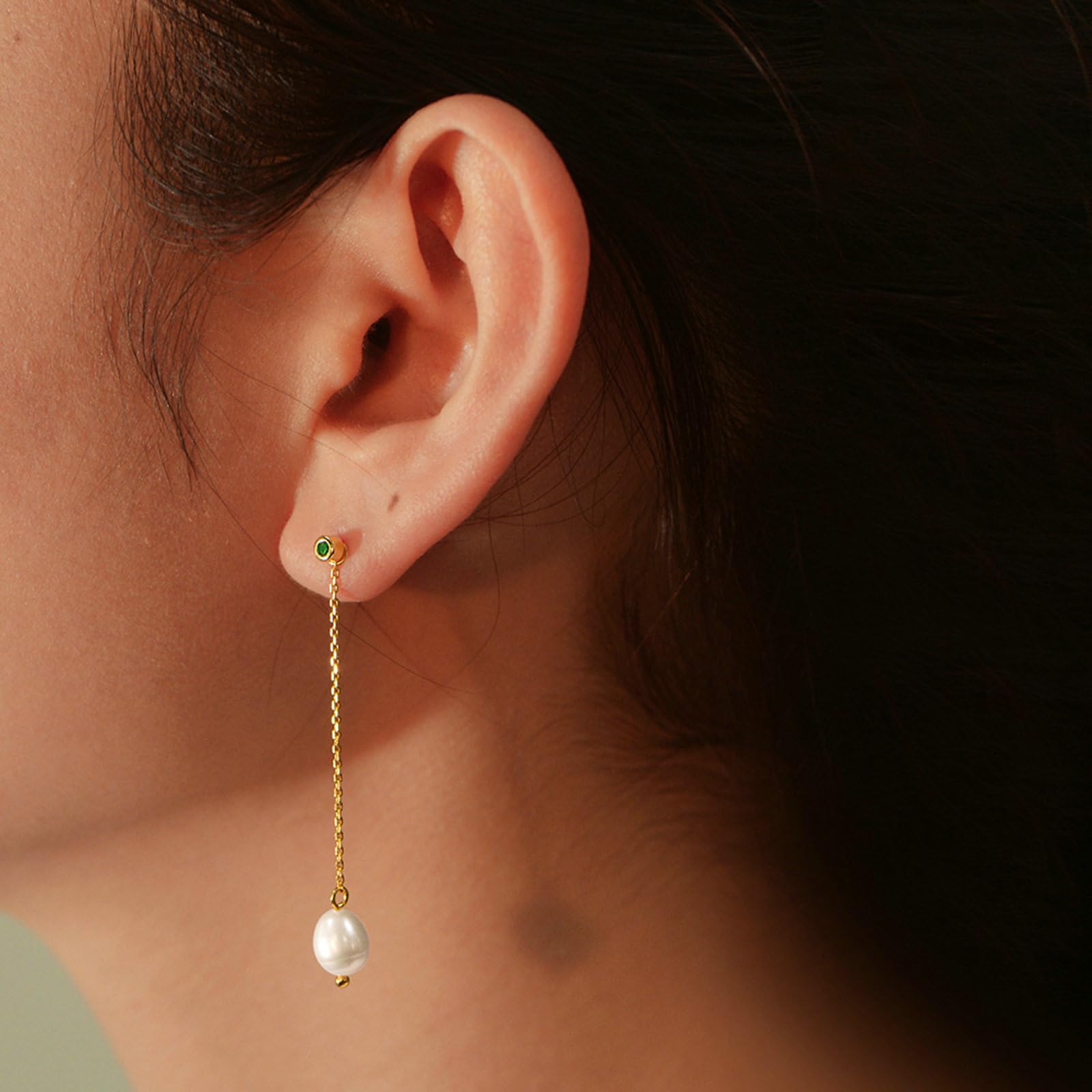 Orecchini lunghi da donna, in oro 9/14/18 carati, da appendere, 6 x 8 mm, con perle d'acqua dolce