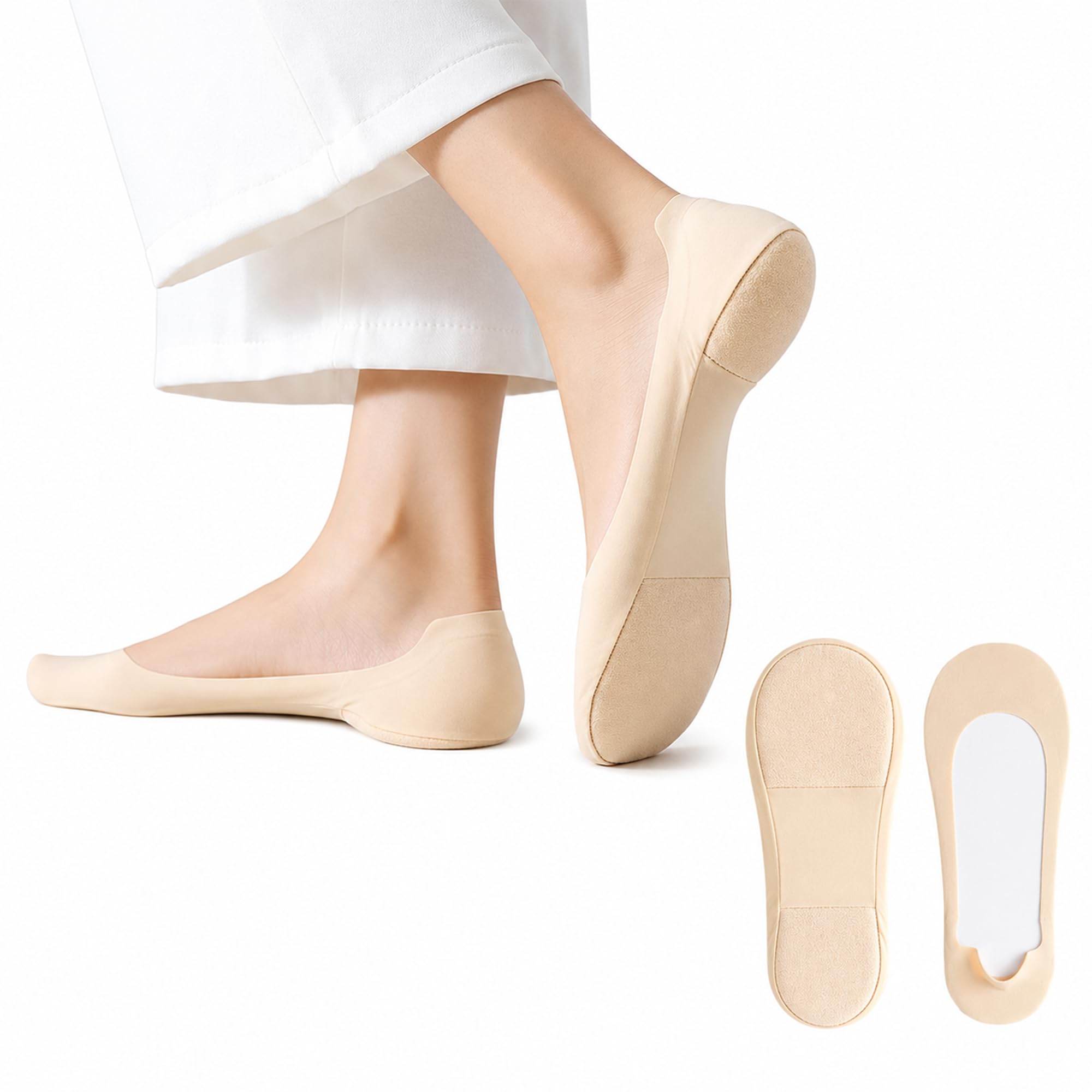 Padded No Show Socks for Women, Invisible Low Cut Cushioned Sock, Metatarsal Forefoot Pain Relief Pads, Breathable & Non Slip Boat Socks for Flats Heel, Sneaker & Loafers - 1 Pair, Beige (1)-image-35