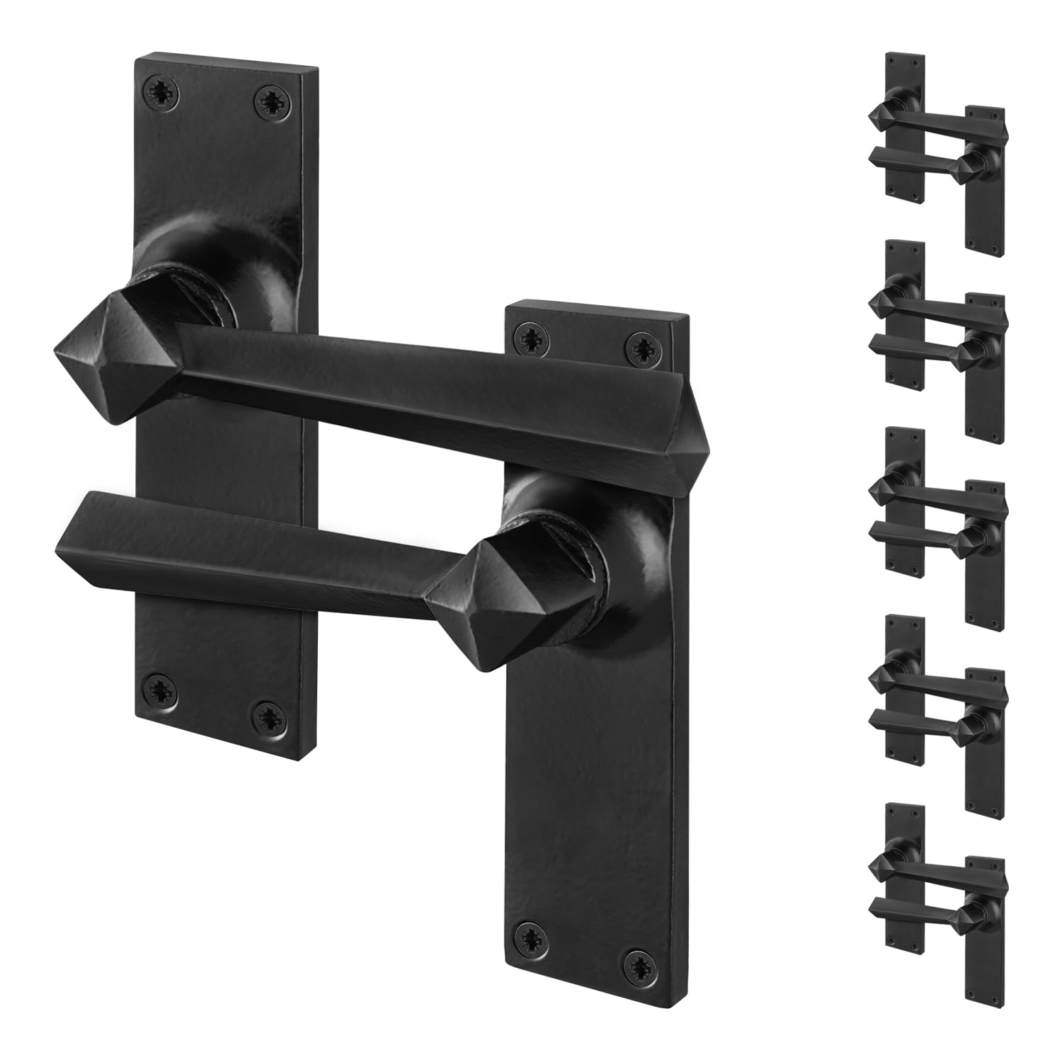 EAI Black Antique Door Handles Latch, 6 Pairs of Rustic Cast Iron Backplate Internal and External Door Handles, Tudor Range