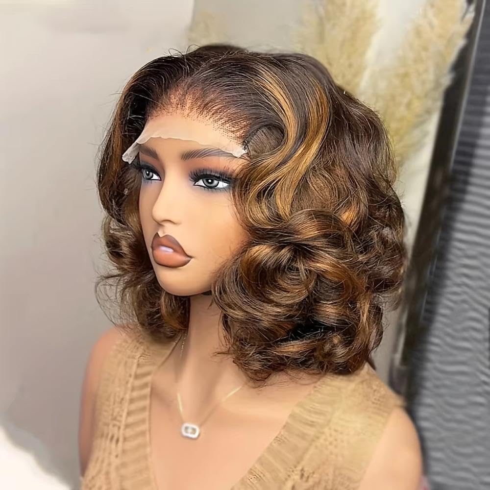 Haarpflege Highlight Brown Body Wave Bob Lace Front Perücke 16 Zoll 180 Dichte Vorgezupft Ohne Kleber Mit Baby