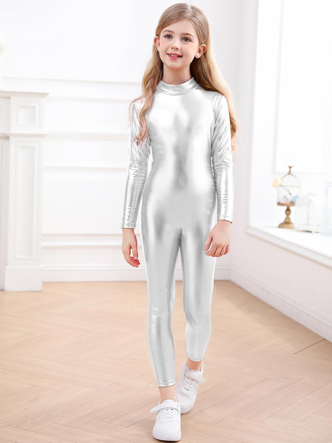 Girls Shiny Metallic Unitard Long Sleeve Leotard Turtleneck Kids Bodysuit for Costume Dance 3-12 Years - Image 2