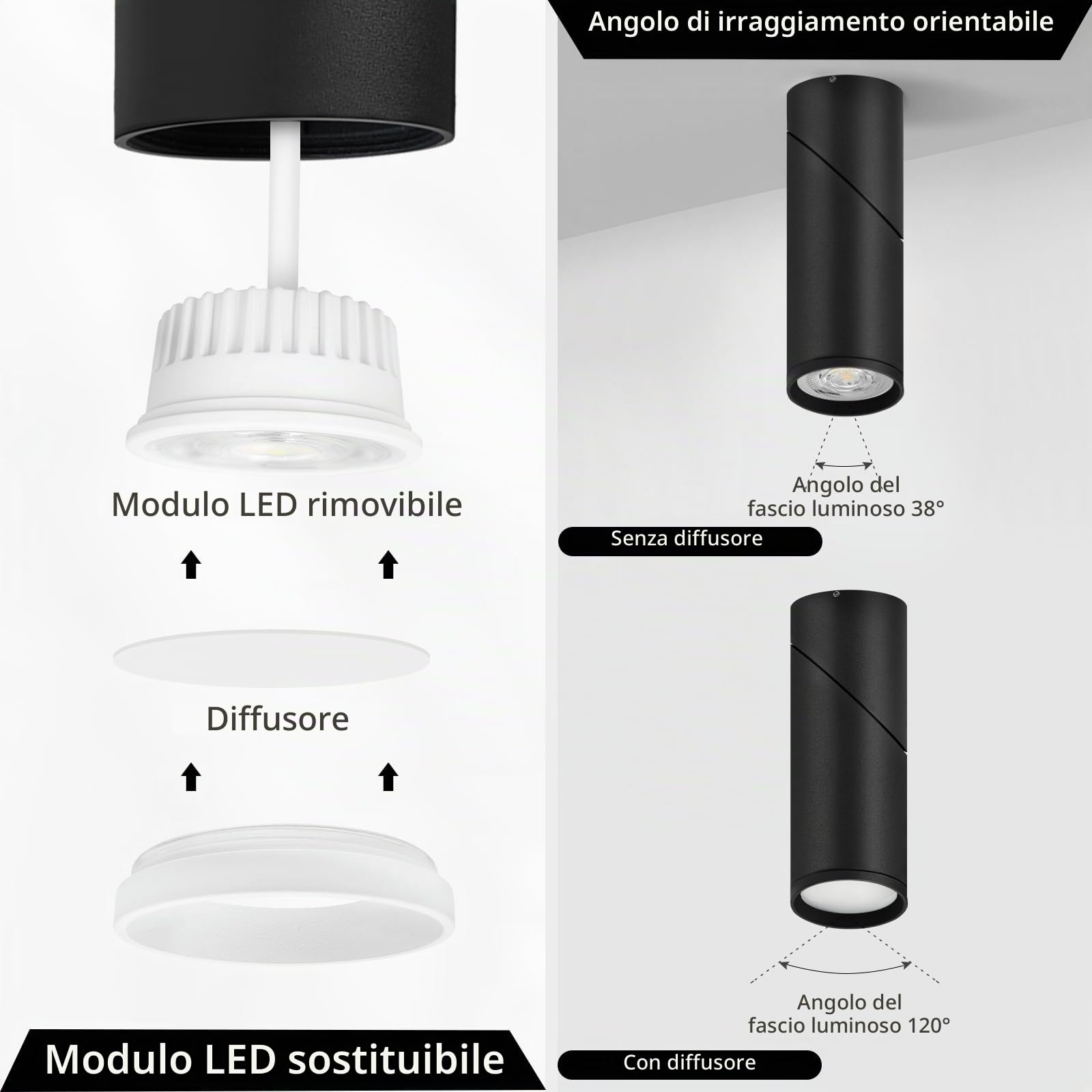 YindaLux 2 Pcs Faretto da Soffitto LED Dimmerabile Nero, Faretti LED Soffitto Interno Orientabili in Alluminio, Faretti Soffitto incl. 5W 500LM 230V Modulo LED, 3000K/4000K/6500K Lampada da Soffitto