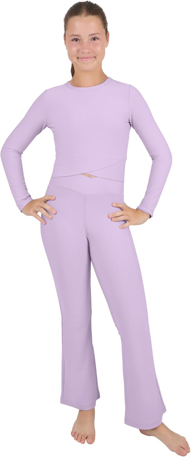 Yogalicious Girls Crossover Long Sleeve Top and Flare Pant and Scrunchie Set Kids Athletic Quick Dry Dance Outfit
