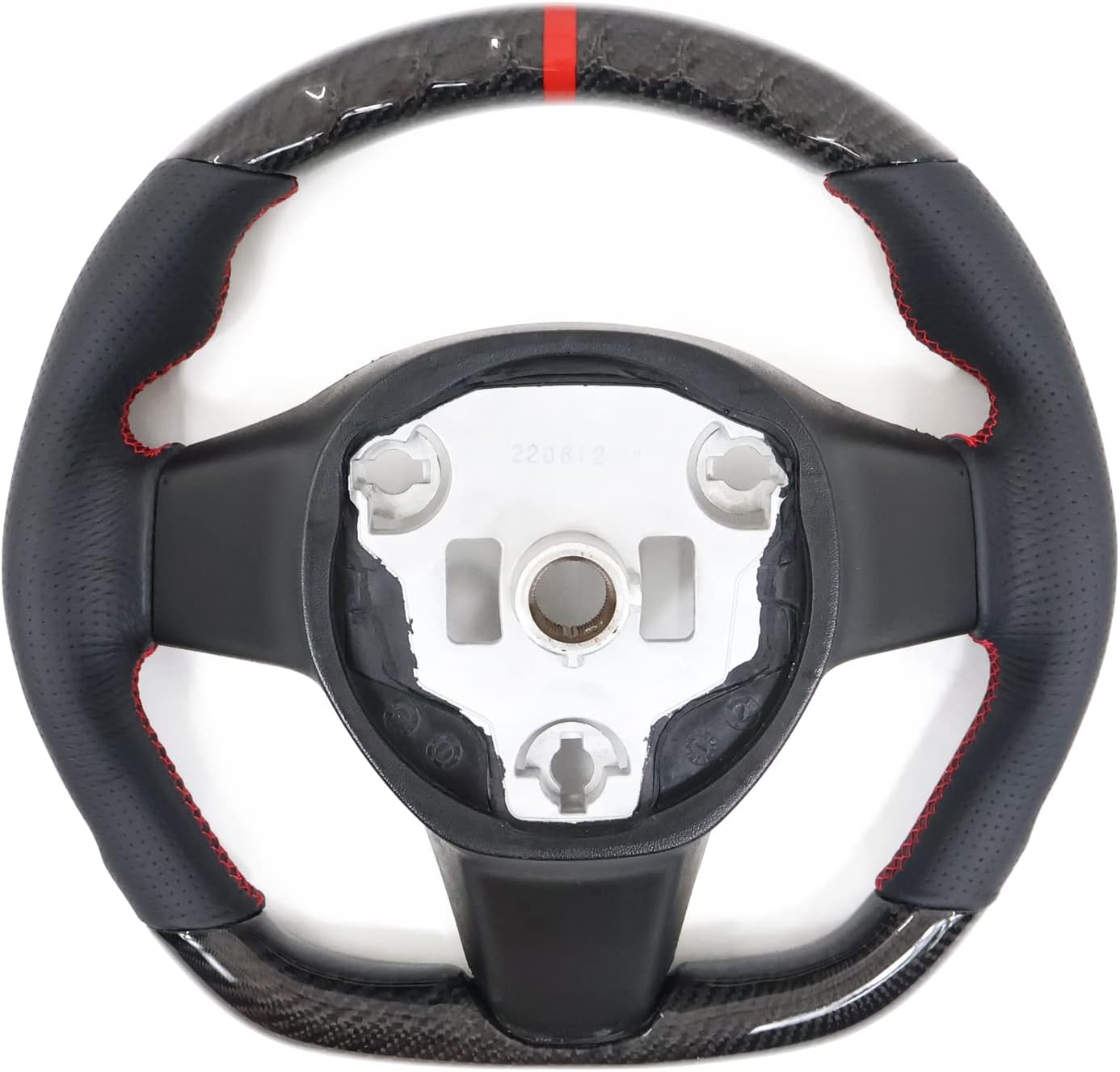 IKON MOTORSPORTS, Steering Wheel Compatible with 2017-2023 Tesla Model 3, 2020-2023 Tesla Model Y, Carbon Fiber & Perforated Leather With Red Stitching & Indicator Steering Wheel Brushed Kit