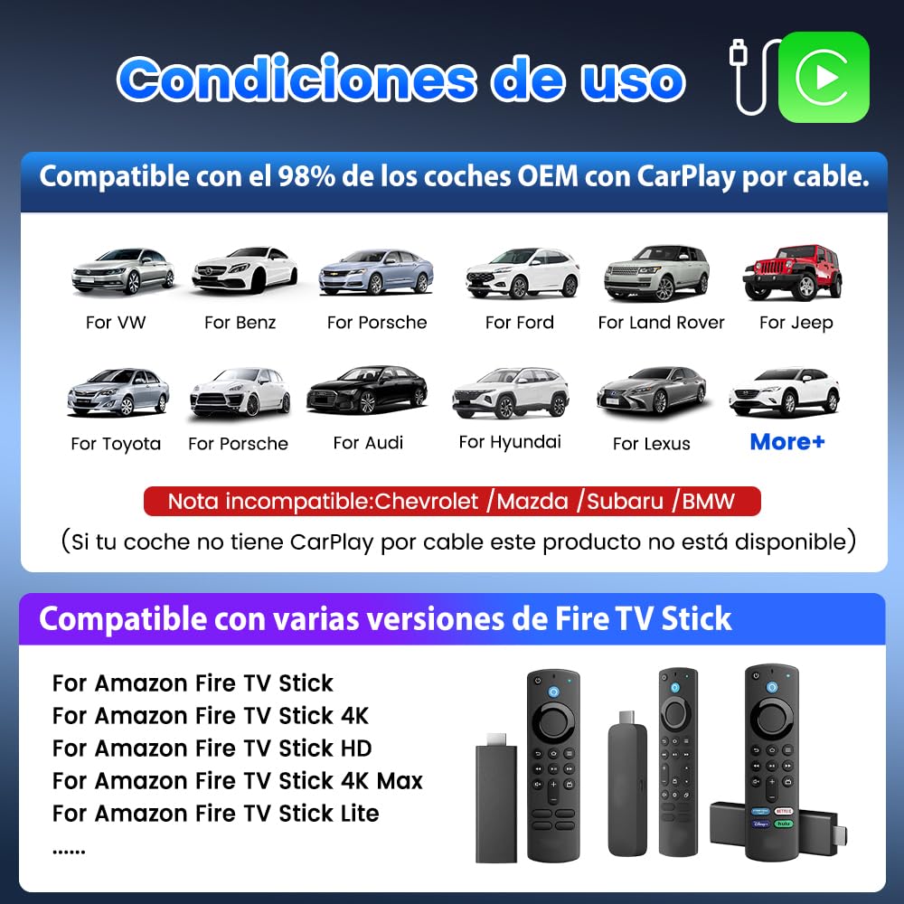 Carlinkit Adaptador FireDrive Link - Convierte CarPlay con cable a HDMI, streaming de audio y vídeo en el coche, compatible con Fire TV Stick