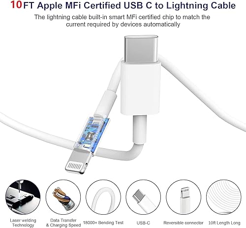 Vista 15 de Cargador rápido para iPhone, [certificado Apple MFi] 20 W PD USB C bloque de cargador de pared con cable de sincronización de datos de carga tipo C