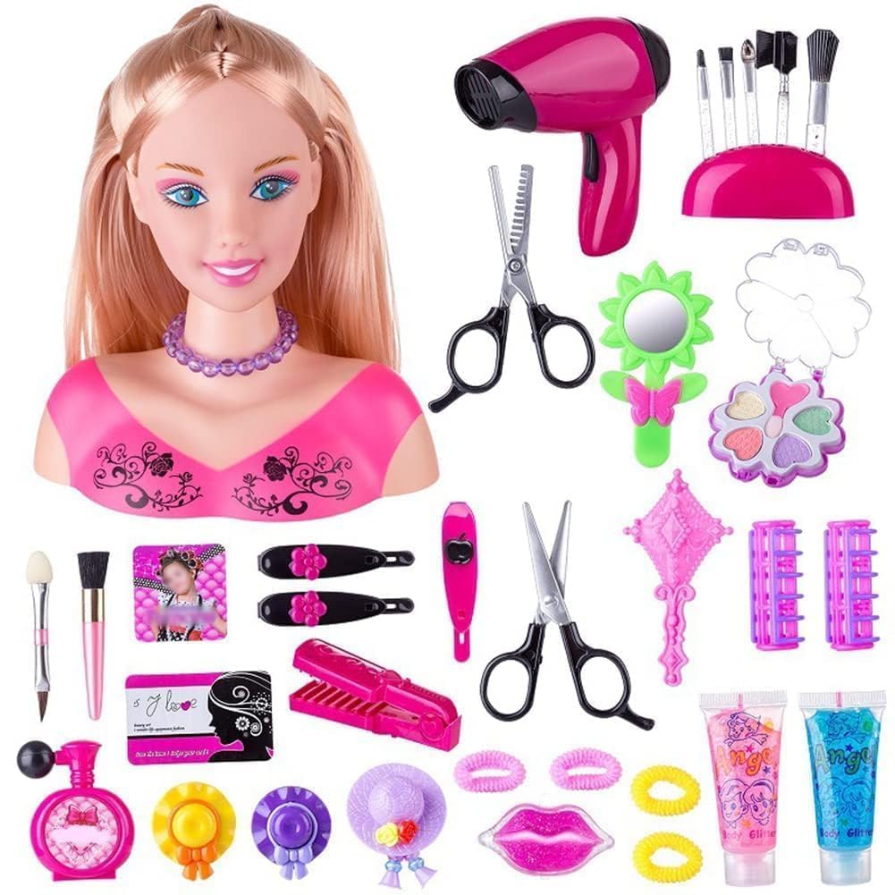 Testa per parrucchiere e trucco per bambini Pretend Playset, 34 pezzi styling testa bambola acconciatura giocattolo con asciugacapelli per bambine