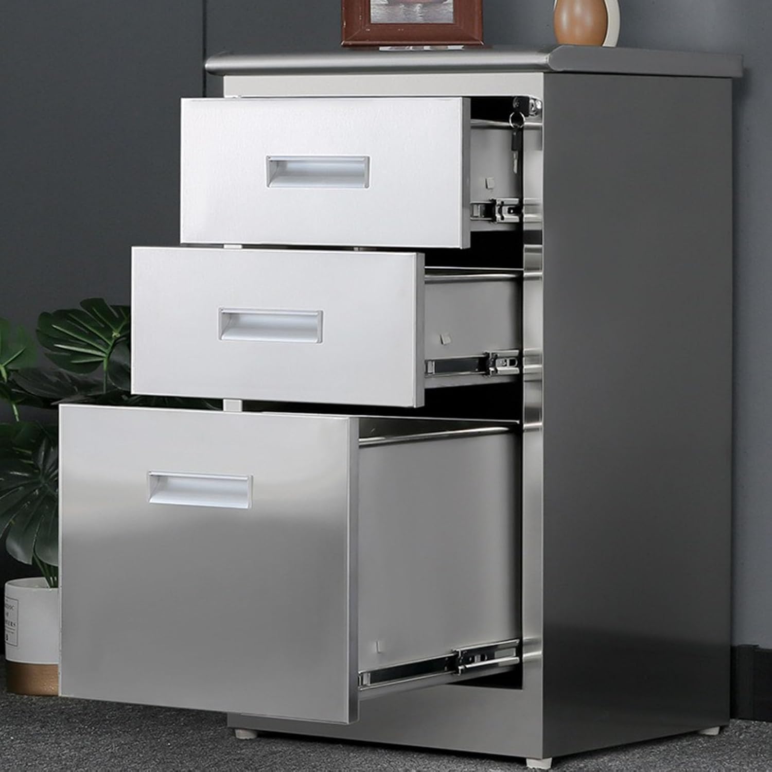 Stainless Steel File Cabinet with Lock, Under Desk Mobile File Cabinet for Home Office, Garage Tool Chest Cabinet Metal Medicine Cabinet, for Warehouse/Repair Shop/Home