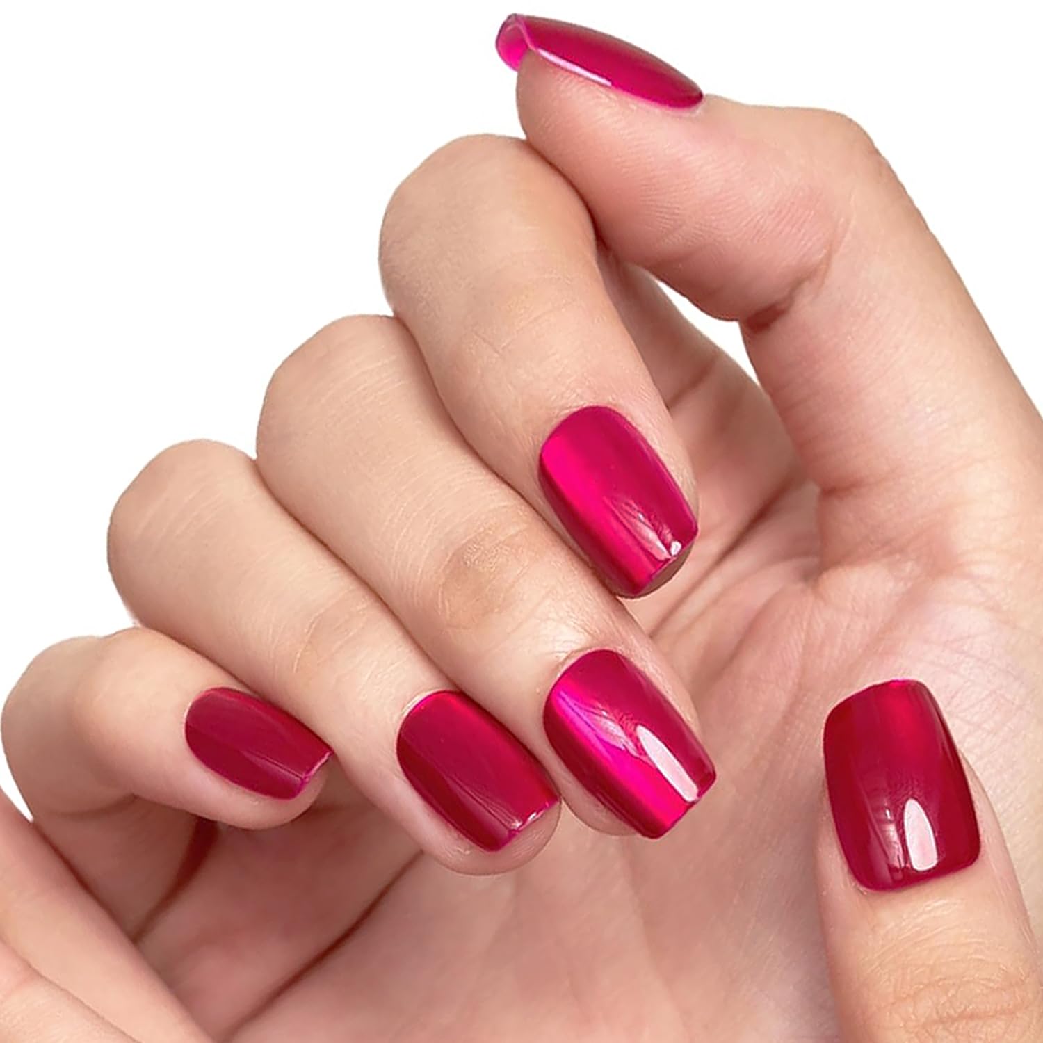 GLAMERMAID Hot Pink Press on Nails Extra Short Square, Handmade Magnet Cat Eyes Glitter Jelly Gel Fake Nail Kits, Magnetic Glue on Nail Reusable Acrylic False Nails Manicure Kits for Women Ablaze Lamp