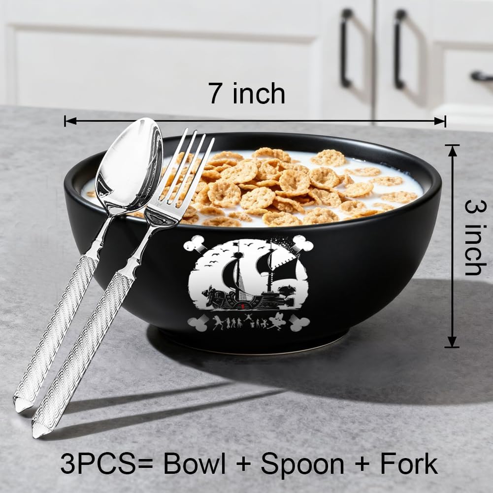 OP Anime Themed Ceramic Bowl Set - 30oz Large Matte Black Bowl with Pirate Captain & Ship Silhouettes, Includes Stainless Steel Spoon & Fork for Noodle Cereal