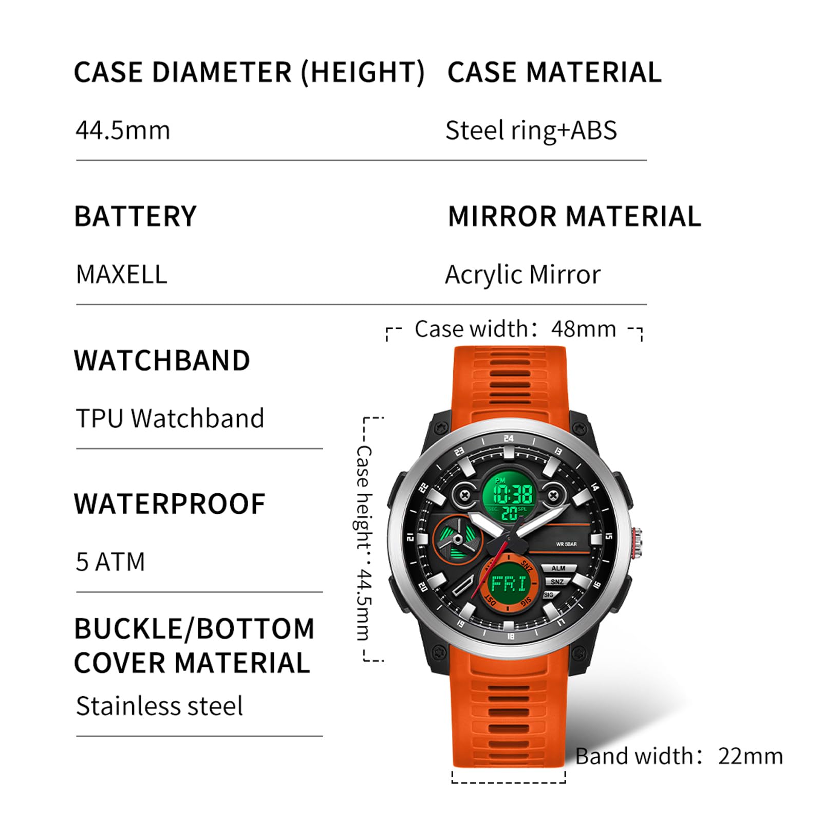 findtime Montre numérique tactique militaire pour homme - Étanche jusqu'à 5 ATM - Montre de sport analogique avec 12/24 h, rétroéclairage LED, alarme, chronomètre, compte à rebours