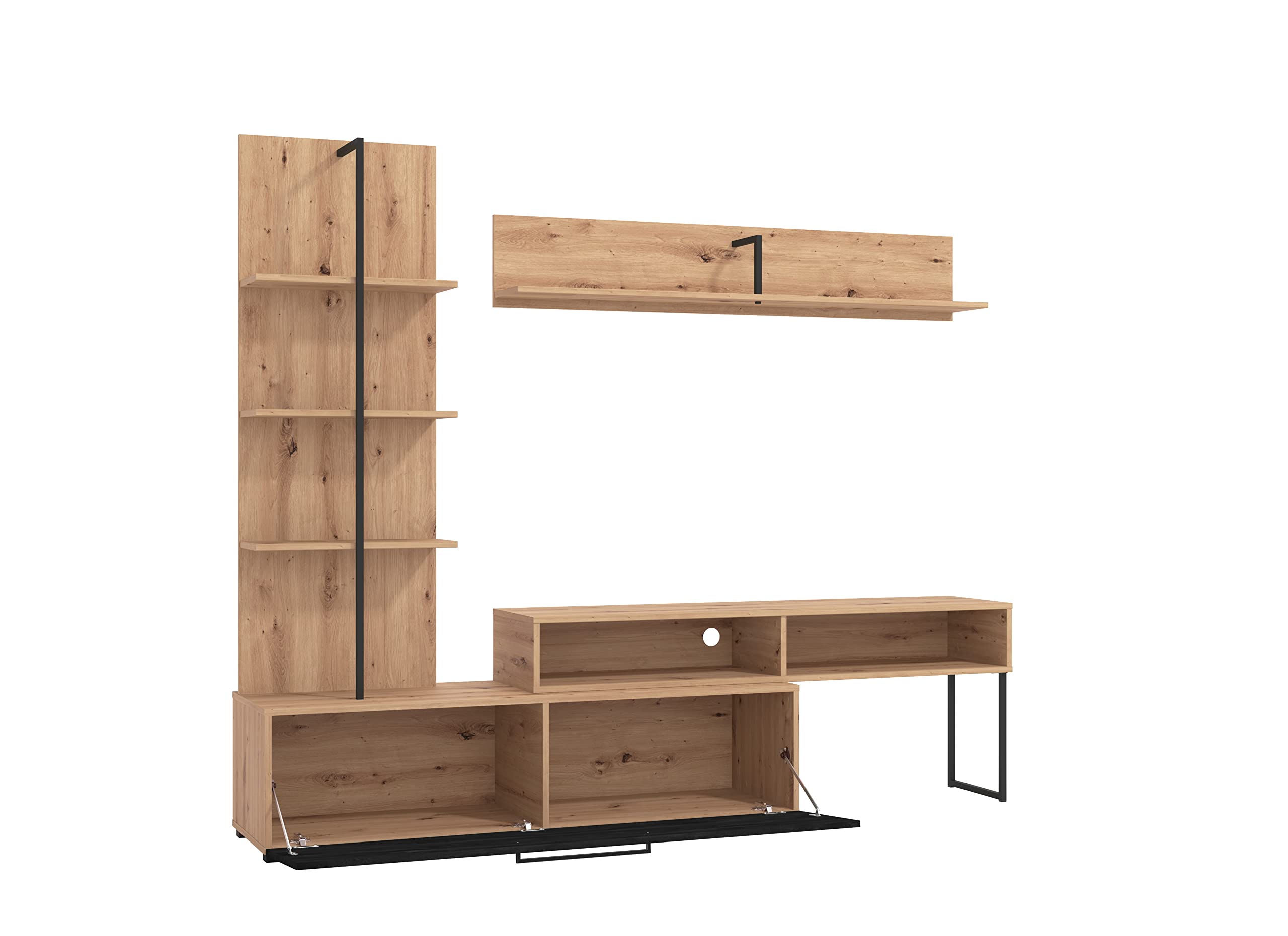 AVANTI TRENDSTORE Evo - Moderna parete da soggiorno in legno laminato in stile quercia Artisan/nero, perfetta per ogni salotto. Dimensioni: LAP 205,5x173x41,5 cm
