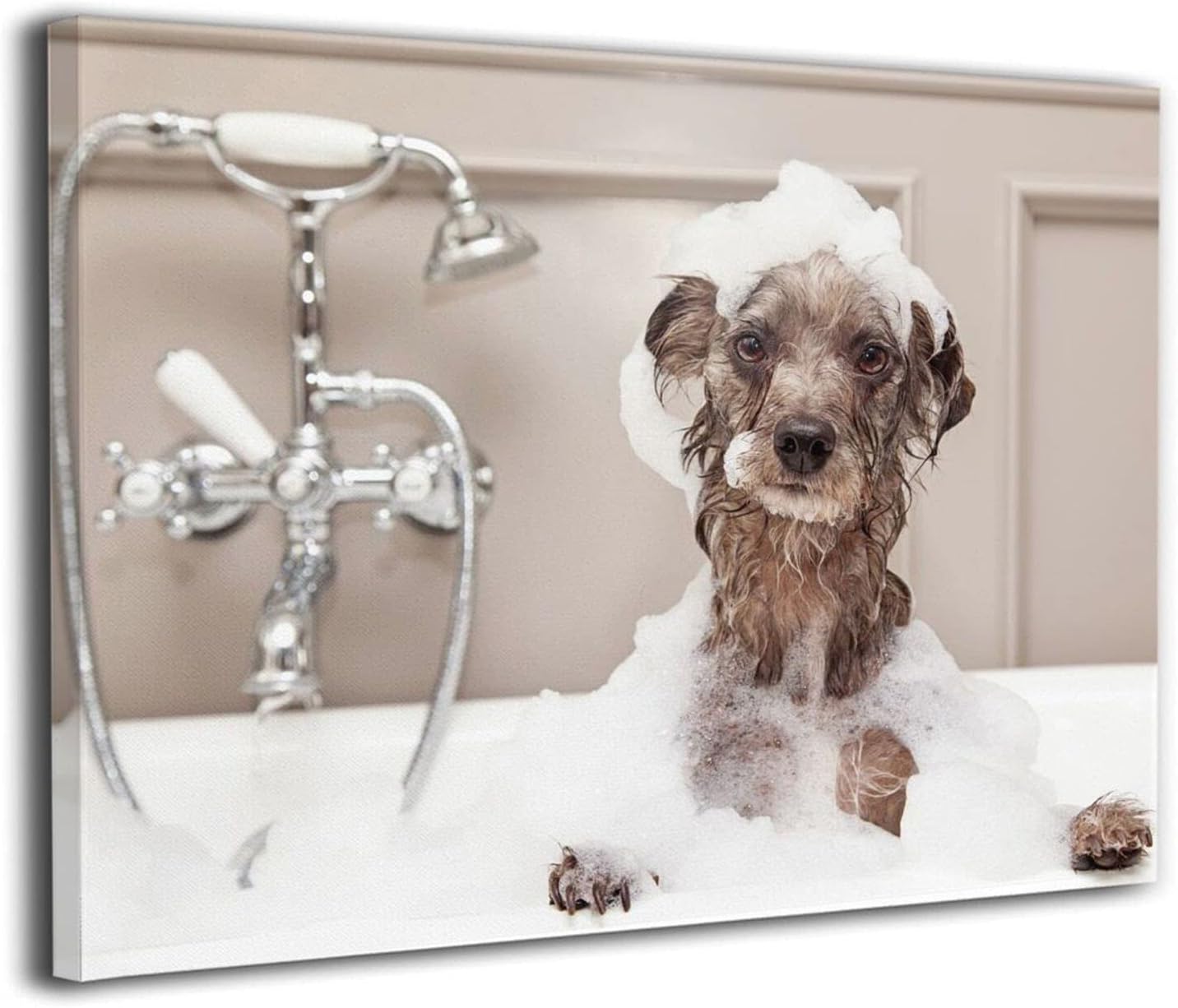 Amonee 16"x20" Canvas Wall Art Print A Cute Little Terrier Breed Dog Taking A Bubble Bath Framed Canvas Pictures Prints Contemporary Artwork Ready to Hang for Home Decoration Wall Decor