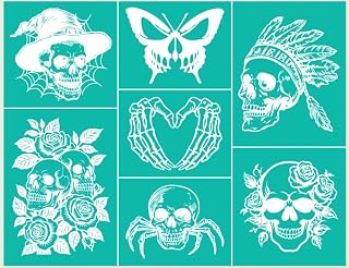Skull Self-Adhesive Silk Screen Stencils,Halloween Screen Printing Stencils for Craft Fall Chalk Stencil Transfers Reusable Stencils for Painting on Wood T-Shirt Fabric Farmhouse Sign
