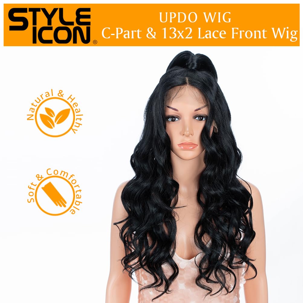 Style Icon Black Wig Lace Front Free Part Lace Frontal U Part Wig 24" Updo Long Wavy Wig With Bangs High Temperature Synthetic Wig (24 Inches, 1)
