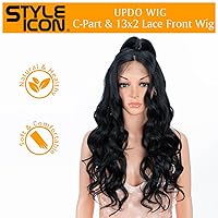 Vista 2 de Style Icon - Peluca de encaje frontal negra con parte libre, estilo U, de 24" de largo, ondulada con flequillo, sintética, resistente a altas 1
