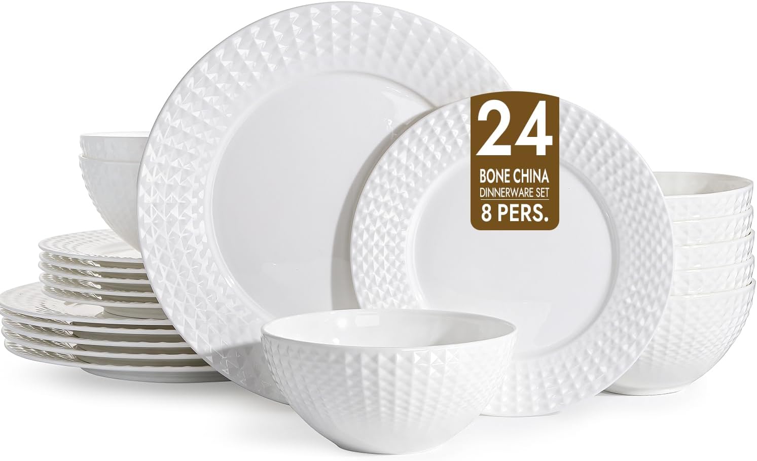KINGSTONE Bone China Dinnerware Set, 24-Piece White Lightweight Porcelain for 8, Plates and Bowls with Rhombus patterned edge design, Microwave and Dishwasher Safe, for Family, Restaurant, Gifting