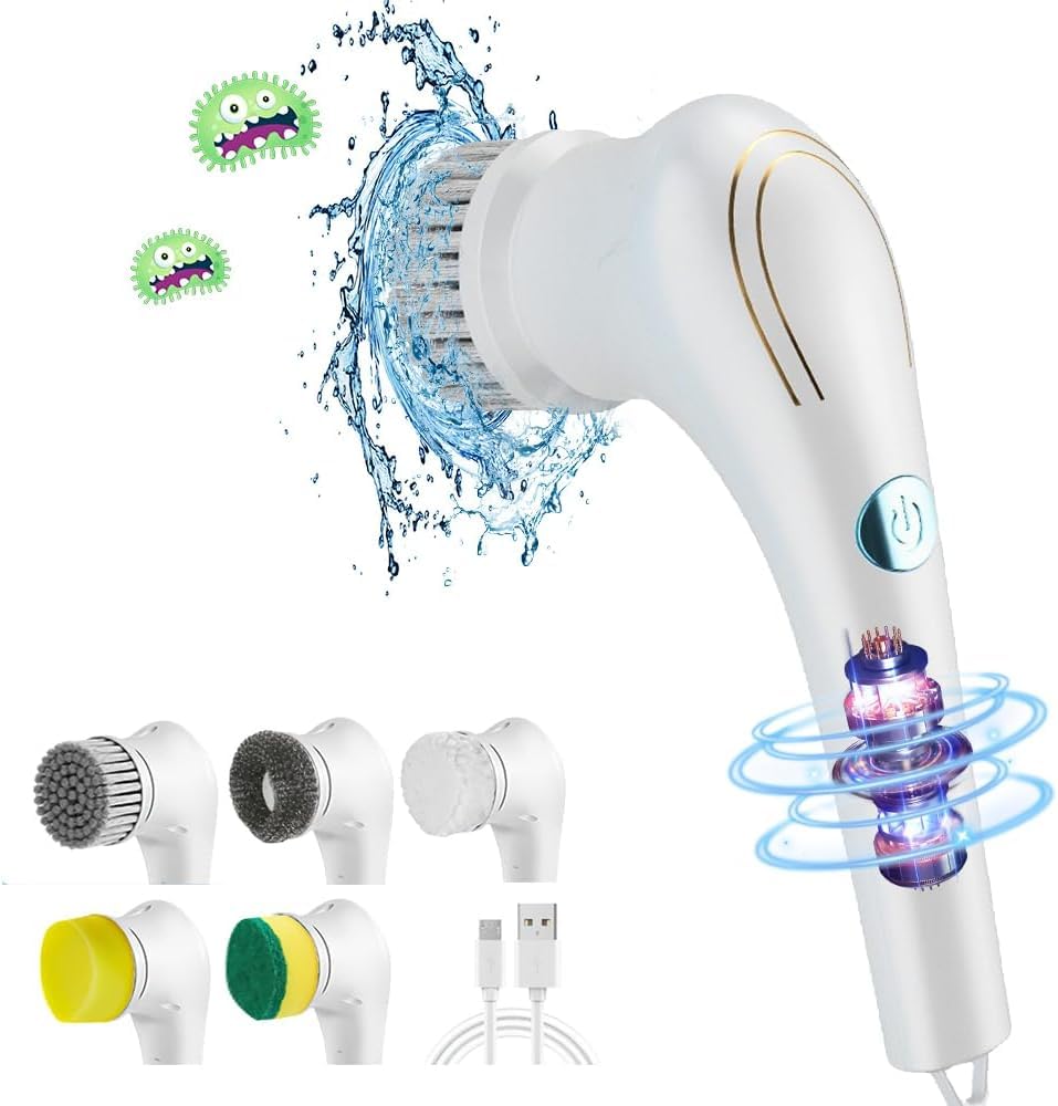 Obest White Electric Spin Scrubber, Cordless Rechargeable Handheld Cleaning Brush With 5 Replaceable Brush Heads For Kitchen Bathtub Window Sink