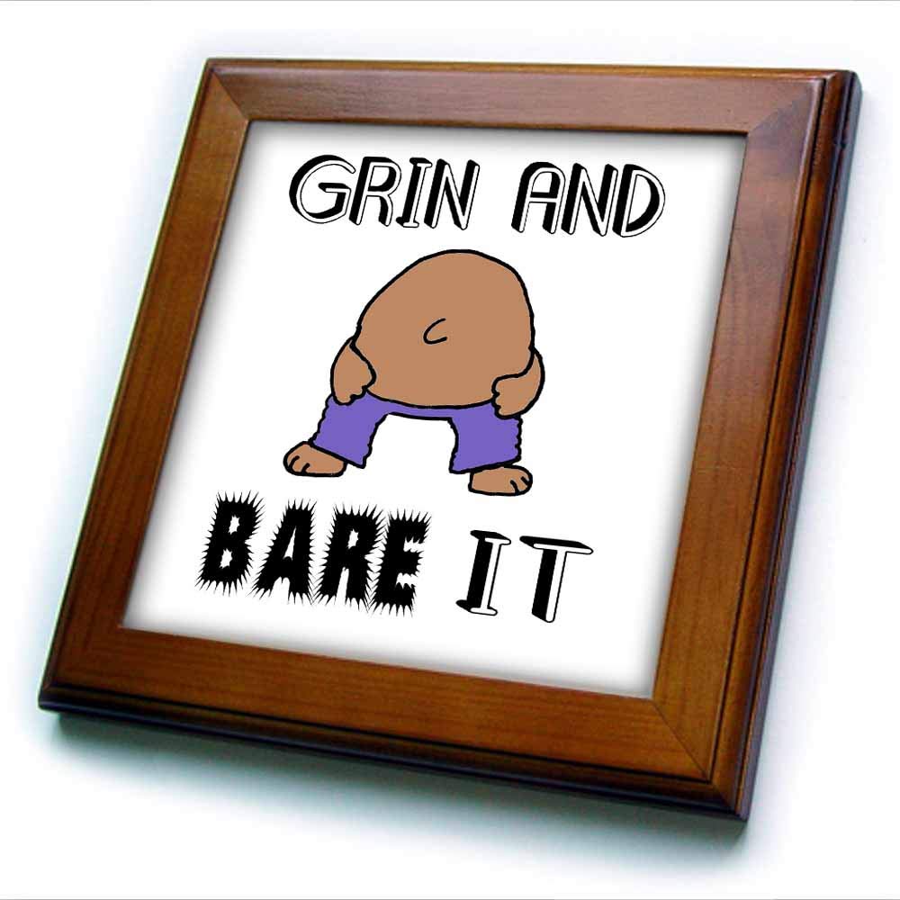 3dRose 8x8 Framed Tile - Funny Grin and Bare it Pun with Bear Dropping Trousers Funny