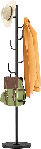 MISSLO Perchero resistente independiente de 4 tamaños ajustables con base de madera estable, soporte para colgar abrigos con 6 ganchos de pie para