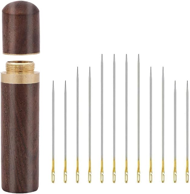 Geluode 12pcs Stainless Steel Self threading Needles, Embroidery Pins with Wood Needle Case, Household Easy-Threading Side Opening Sewing Darning Needles Set