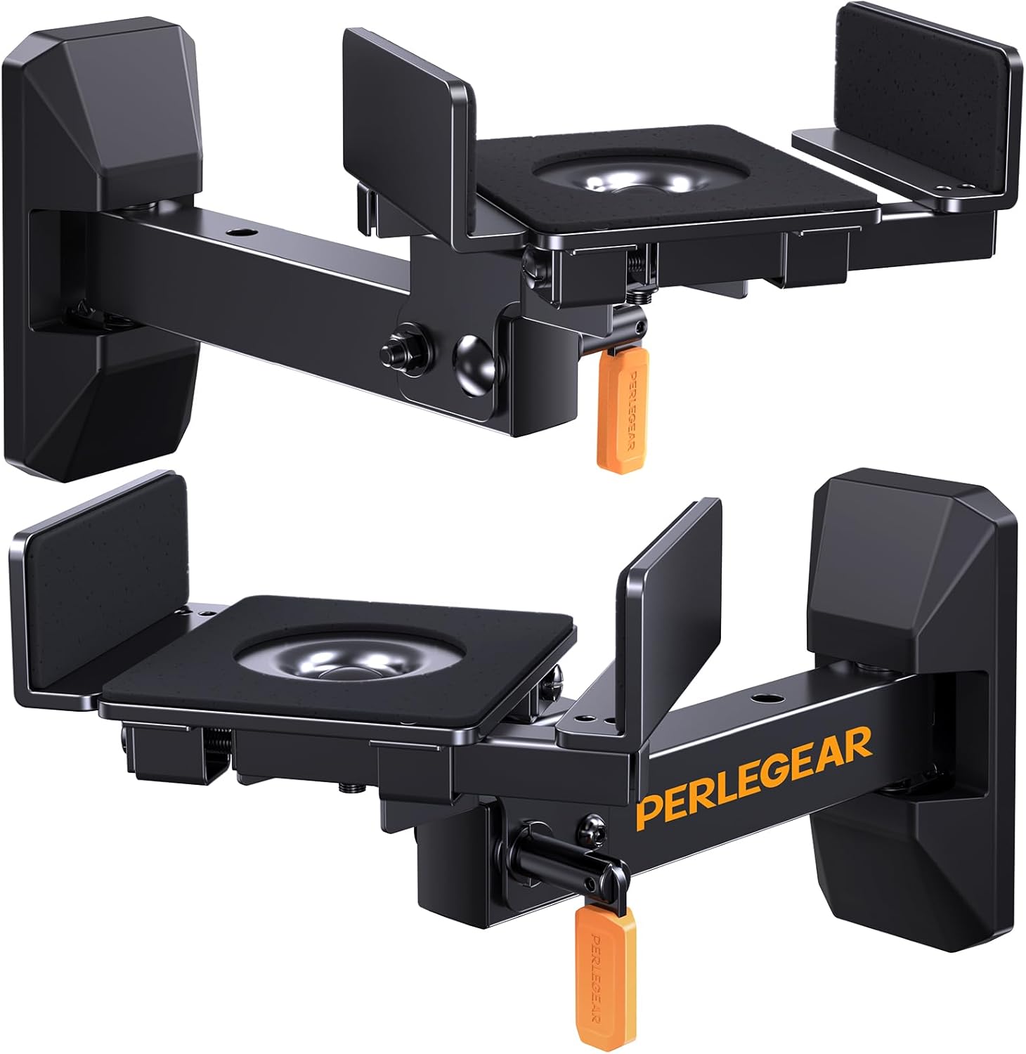 Perlegear Speaker Wall Mounts, Pre-Assembled Bookshelf Speaker Wall Mount with Cushioned Tilt Knob, Swivel and Rotate, Dual Side Clamping Speaker Mount up to 11 lbs, Black and Orange, 1 Pair, PGSM02B