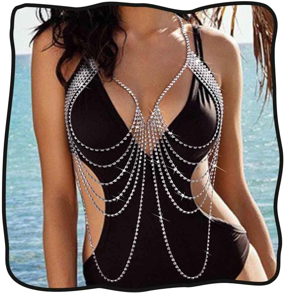 DRESBE Layered Rhinestone Body Chain Jewelry Silver Sparkly Crystal Summer Beach Chest Chains Bra Accessories for Women