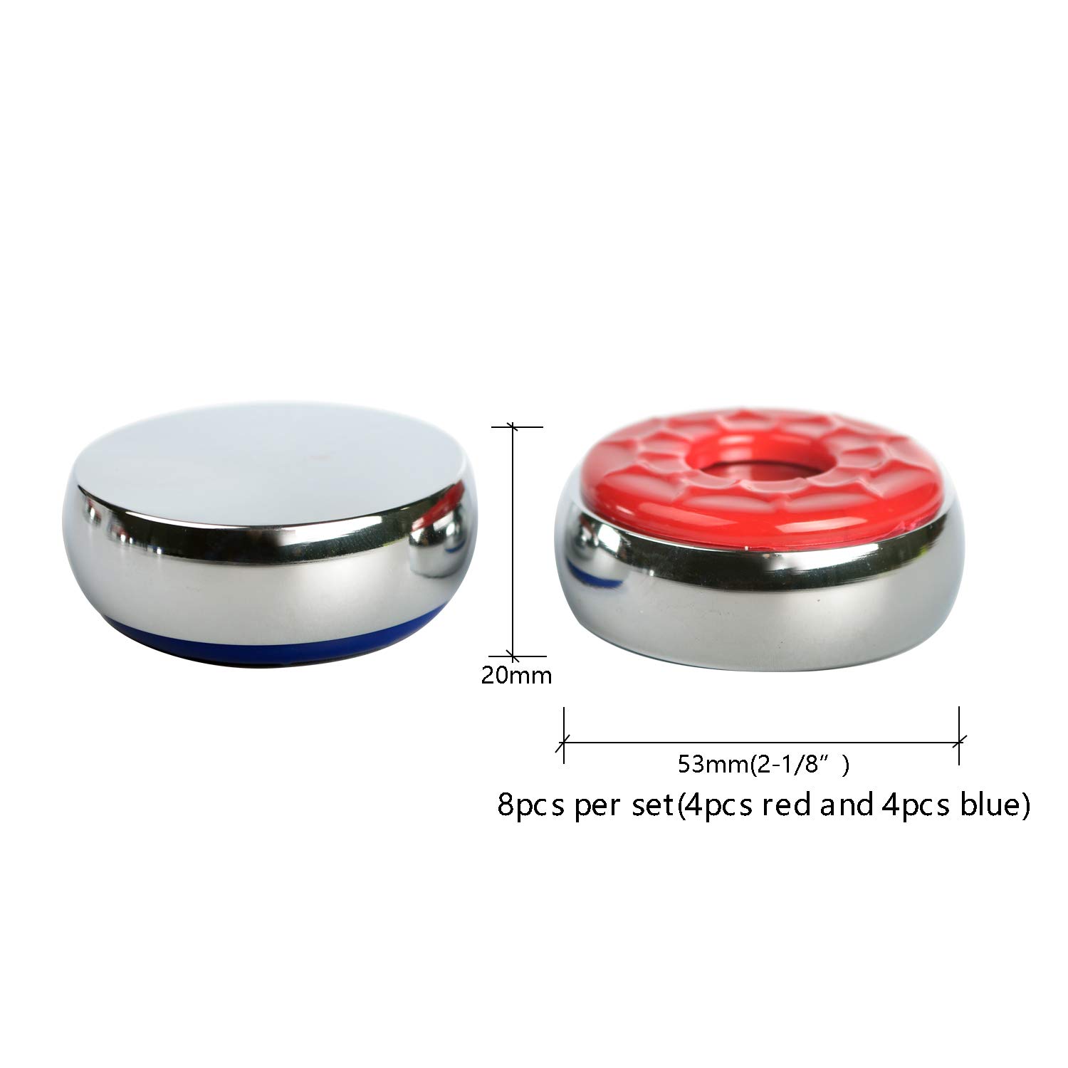 Set Of 8 Shuffleboard Pucks (Weights) - 2-1/8", 4 Red & 4 Blue, Chrome Steel