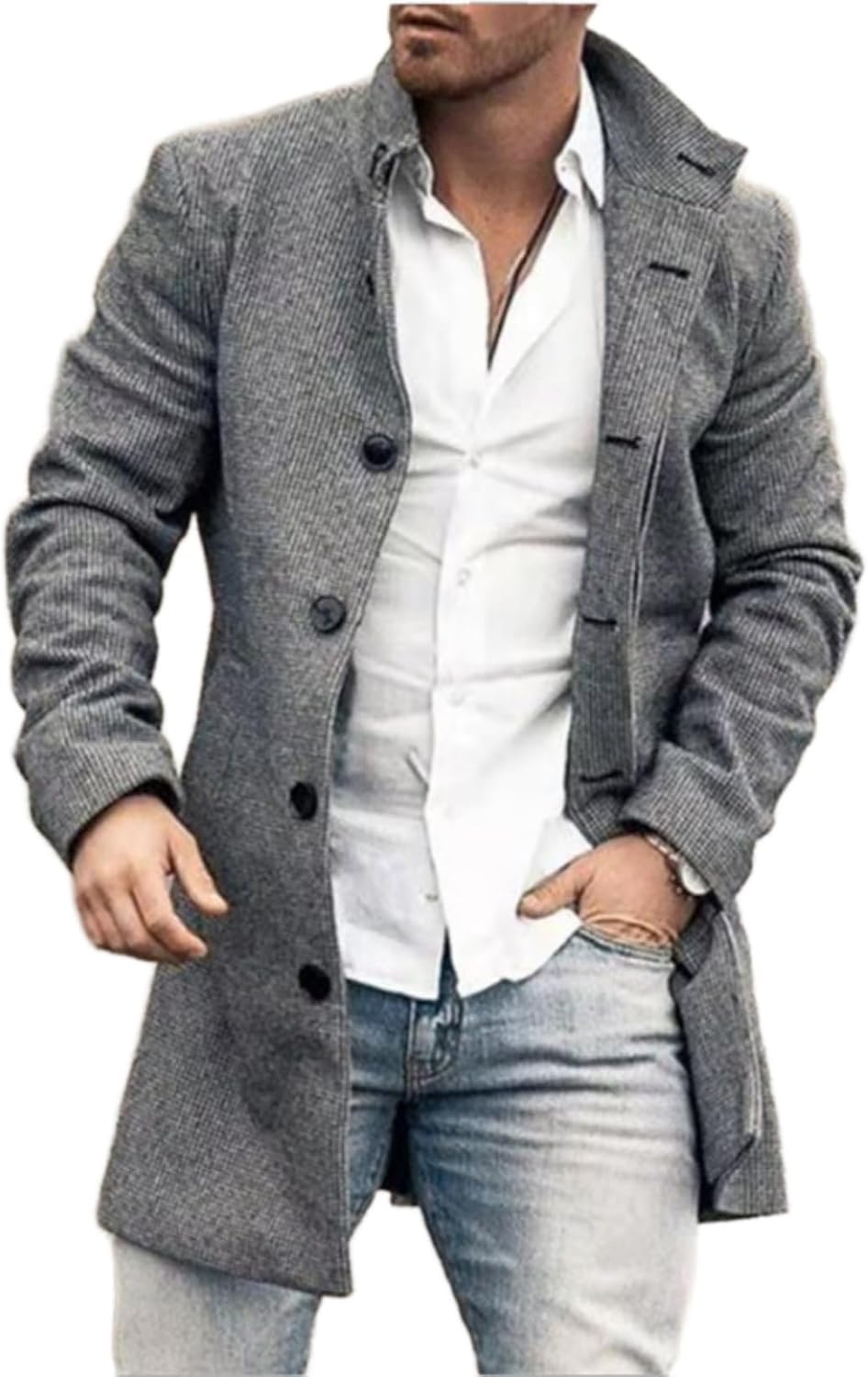 BIVENANT Mens Plaid Trench Coat Vintage Graphic Mid Long Jacket Coats Lapel Single Breasted Wool Blend Color Block Overcoat