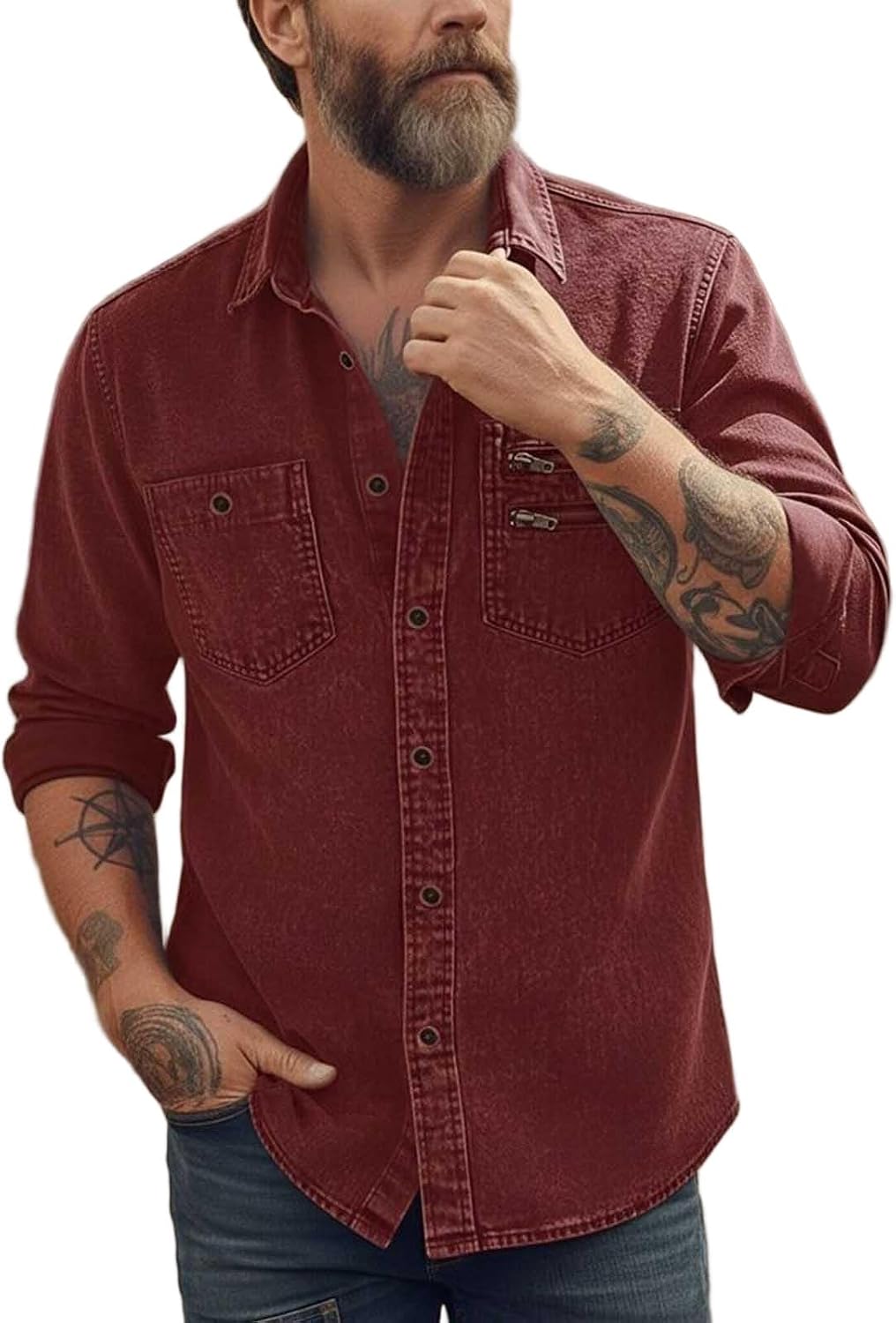 Cambkatl Men's Distressed Cargo Shirts with Chect Pockets - Stretch Loose Long Sleeve Vinatge Lapel Hiking Shirts