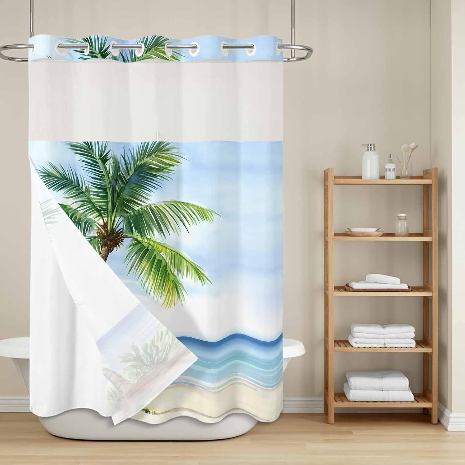 Ocean Beach Palm Tree No Hook Shower Curtain with Snap in Liner, Summer Tropical Island Decor Seaside Waterproof Shower Curtains with See Through Top Window Liner for Bathroom, 48x72 Inches