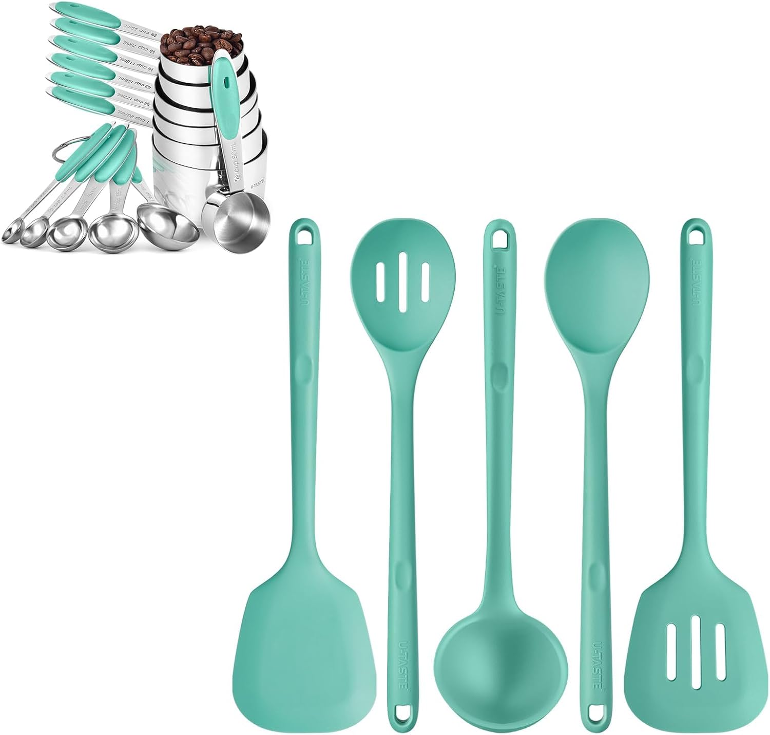 U-Taste 18/8 Stainless Steel Measuring Cups and Spoons (Set of 12, Aqua Sky), and 600℉ Heat Proof BPA-Free Solid/Slotted Sturdy Cooking Utensil for Non Stick Cookware (Set of 5, Aqua Sky)