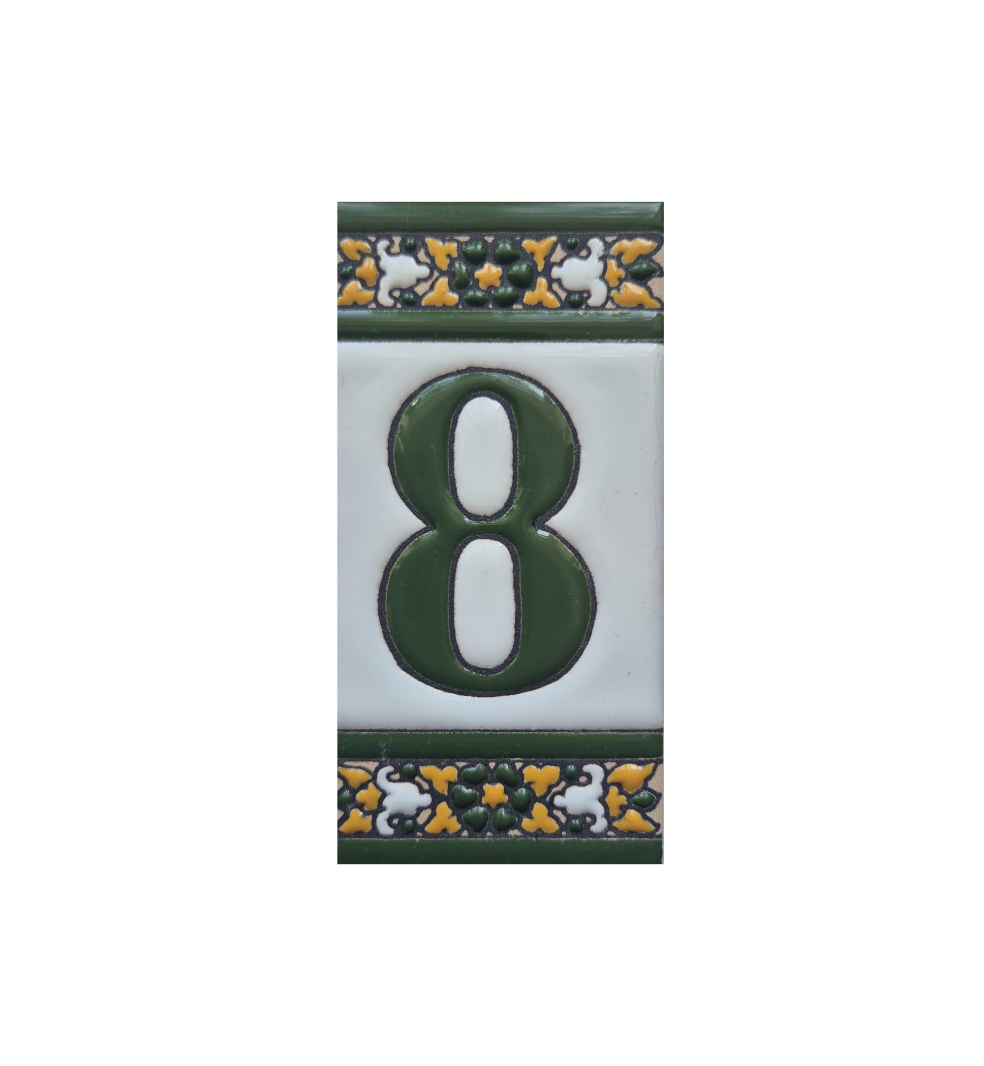 Sevillia Green, hand-painted ceramic house number tiles measuring 11 × 5.5 cm. (Number 8 tile)