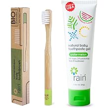 Rain Natural Bamboo Kids Toothbrush Set Fluoride-Free Baby Toothpaste Safe to Swallow with Vitamin C for 6 to 12 Months Up Infant Toddler Toothbrush BPA-Free Biodegradable 1 Toothbrush 1 Toothpaste