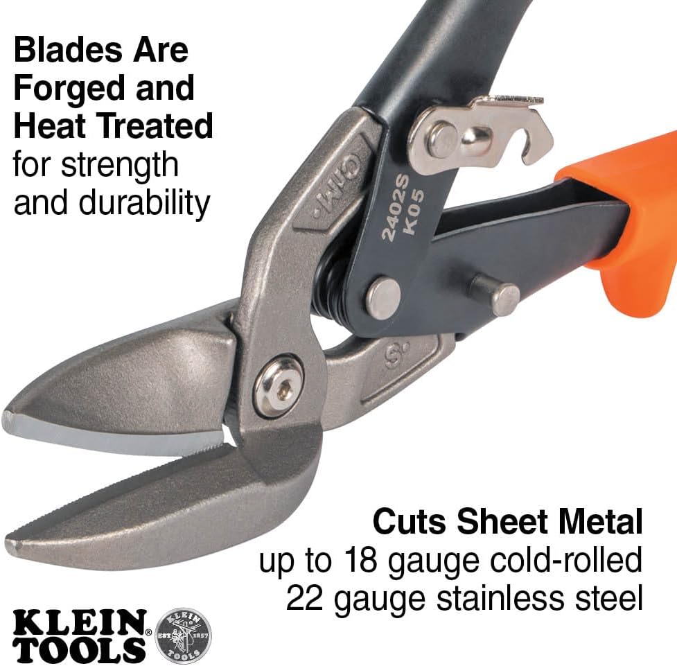 Klein Tools 2402S Straight-Cutting Offset Snips, Aviation Tin Snips with Forged Blade for Precision Sheet Metal Cutting