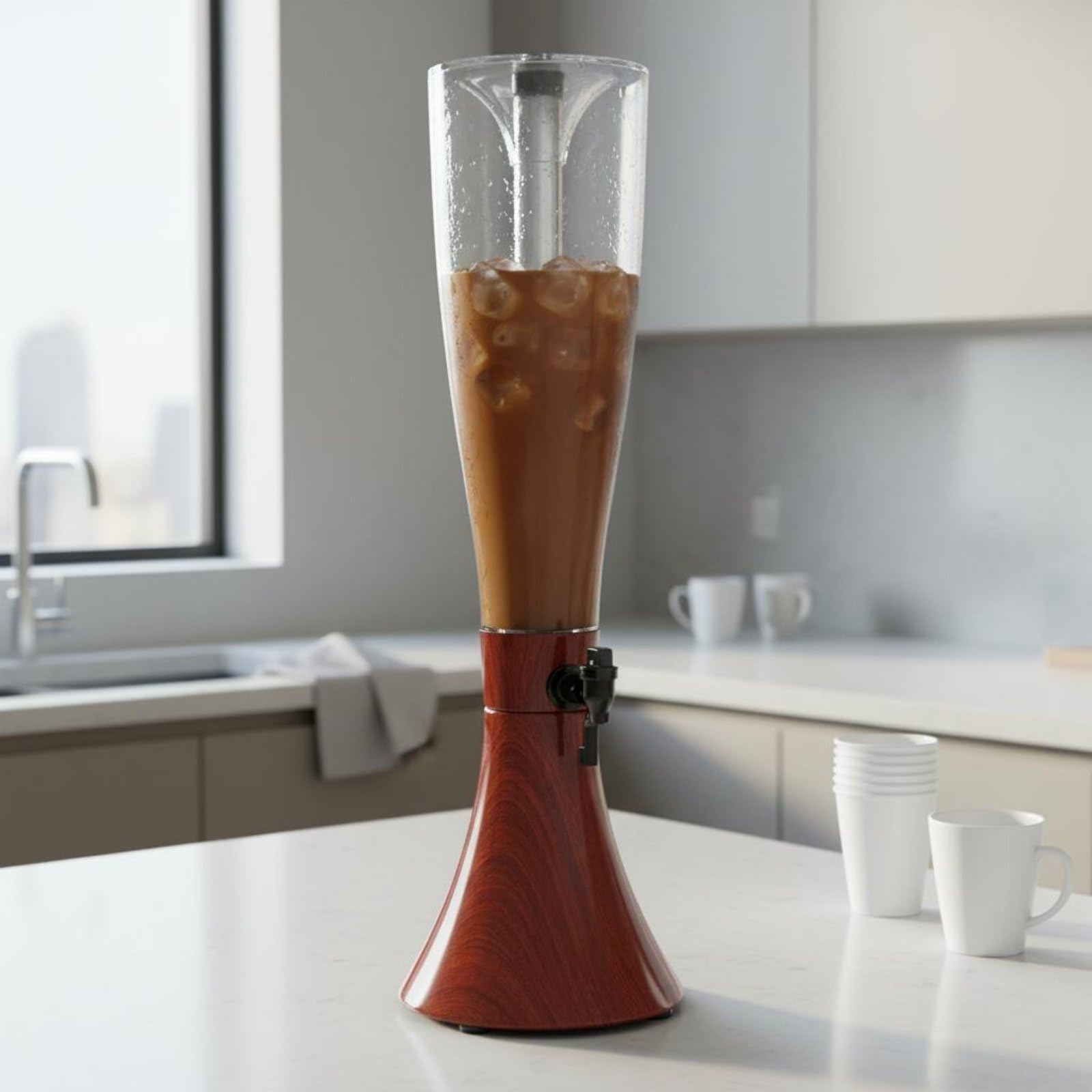 Dispensador de Cerveza de Acrílico Multiuso Dispensador Bebida con Grifo Base Estable Torre Bebida Madera para Bartenders, Fiestas, Moderno Con Base Negra