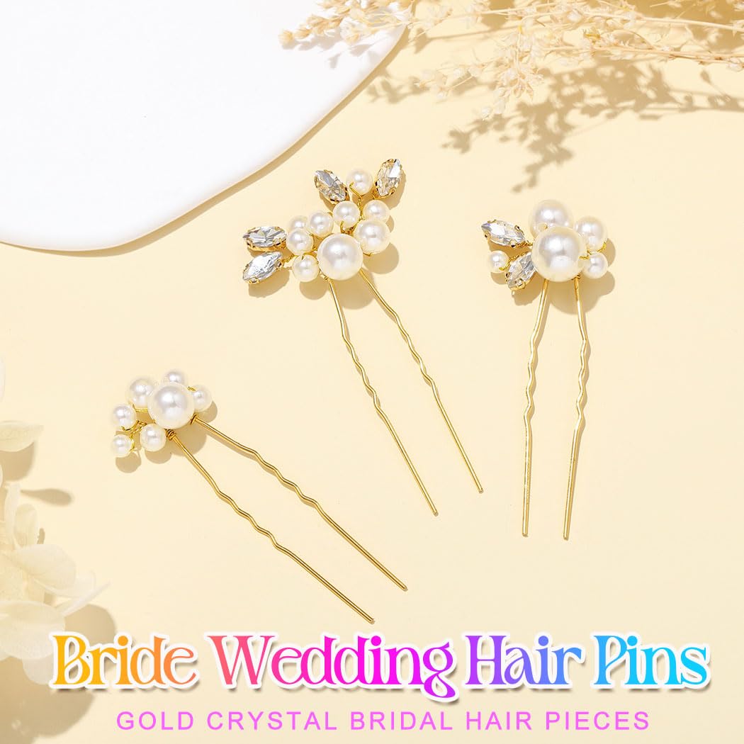 Heread Pearl Bride Wedding Hair Pins Crystal Bridal Headpiece Hair Accessories for Women and Girls (Pack of 3) (Gold) - Image 2