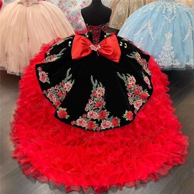 Black Red Velvet Vintage Quinceanera Dresses Charro Mexican Embroidered Ball Gown Sweet 16 Girls 20252