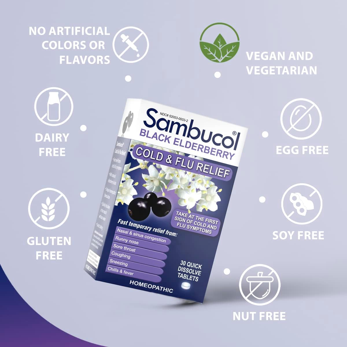 Sambucol Cold and Flu Relief Tablets - Homeopathic Cold Medicine, Nasal & Sinus Congestion Relief, Use for Runny Nose, Sore Throat, Coughing, Fever, Cold Remedy for Adults - Black Elderberry, 60 Count : Health & Household