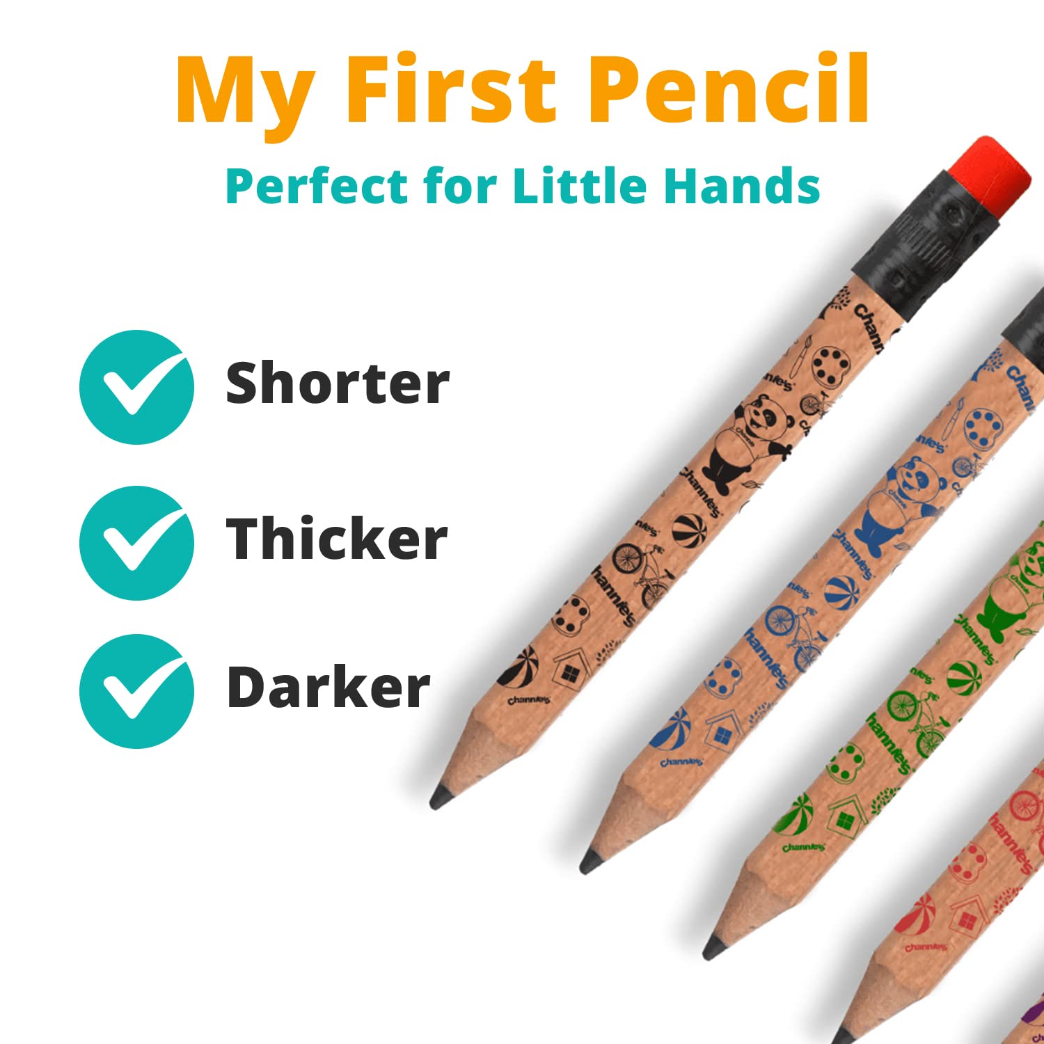 Channie's Childrens My First Pencil, Kids Graphite Jumbo Barrel Pre-harpened 2B Lápices para niños de 3 a 7 años, panda de madera, paquete de 2 (10 lápices)