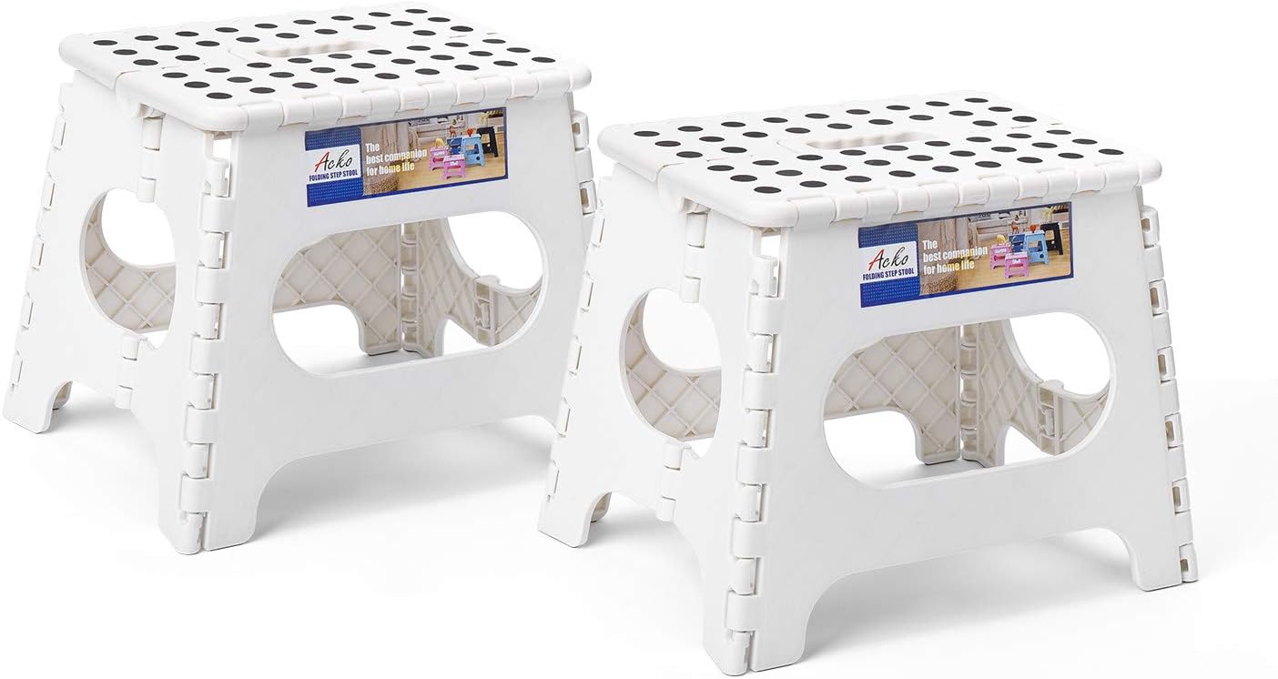 ACKO 2PACK Folding Step Stool - 11" Height Premium Heavy Duty Foldable Stool for Kids and Adults, Plastic Stepping Stool for Kitchen Bathroom, White