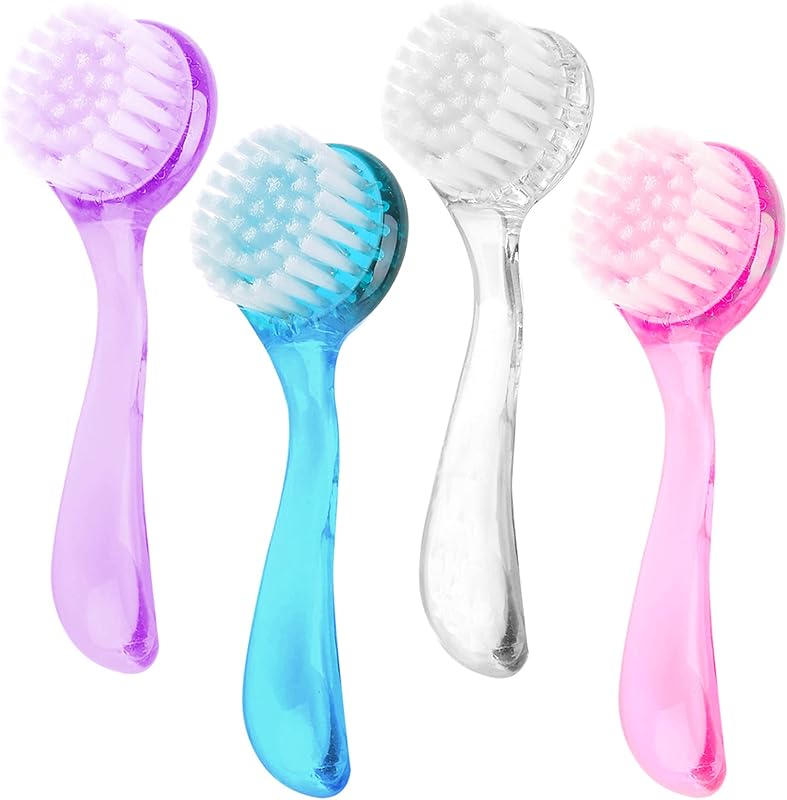 Escovas manuais para limpeza facial Beomeen com cabo de acrílico e tampa, 4 unidades — Azul, Rosa, Roxo e Transparente