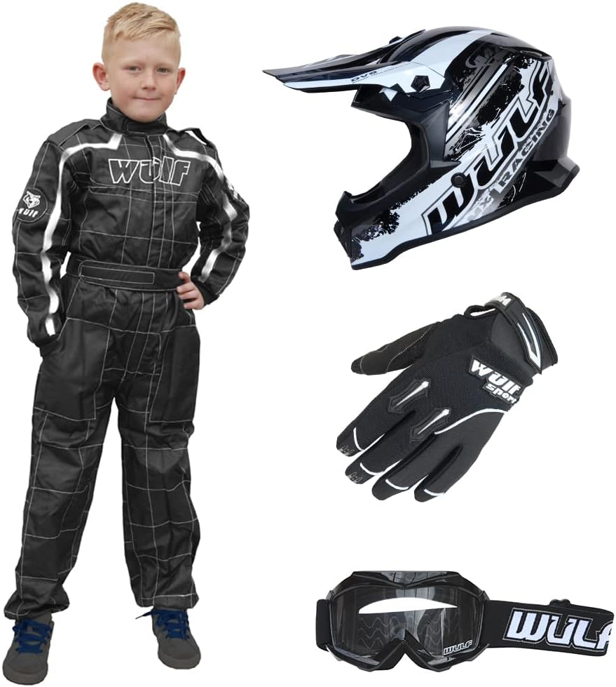 Wulfsport Kids Off Road Pro Motocross Helmet & Wulf Stratos Gloves + Cub Goggles + Kids Race Suit