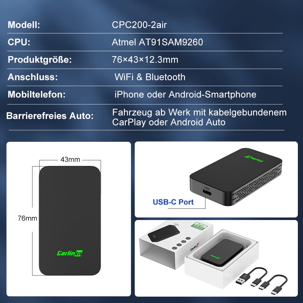Carlinkit 2026 5.0 2air CarPlay Wireless und Android Auto Wireless 2 in 1 Adapter,Geeignet für Autos mit eingebauten in Apple CarPlay und Android Auto(2016-2026),Plug-and-Play Automatische Verbindung